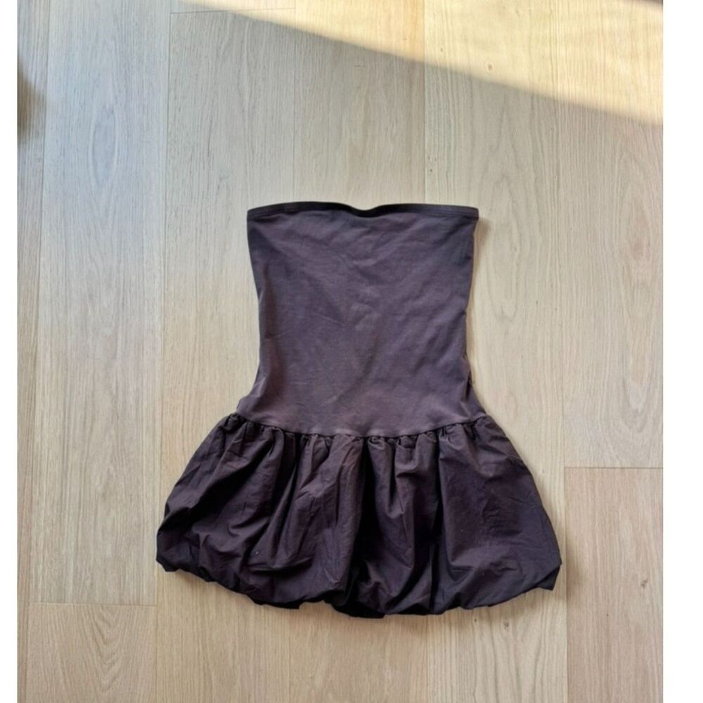 Brown Strapless Peplum Bubble-Hem Top